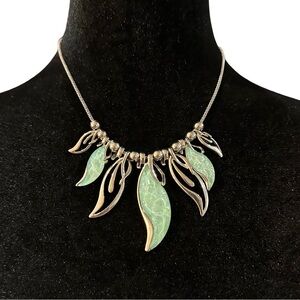 Leaf Necklace Silver Tone Green Blue Reflective Colors Adjustable Length